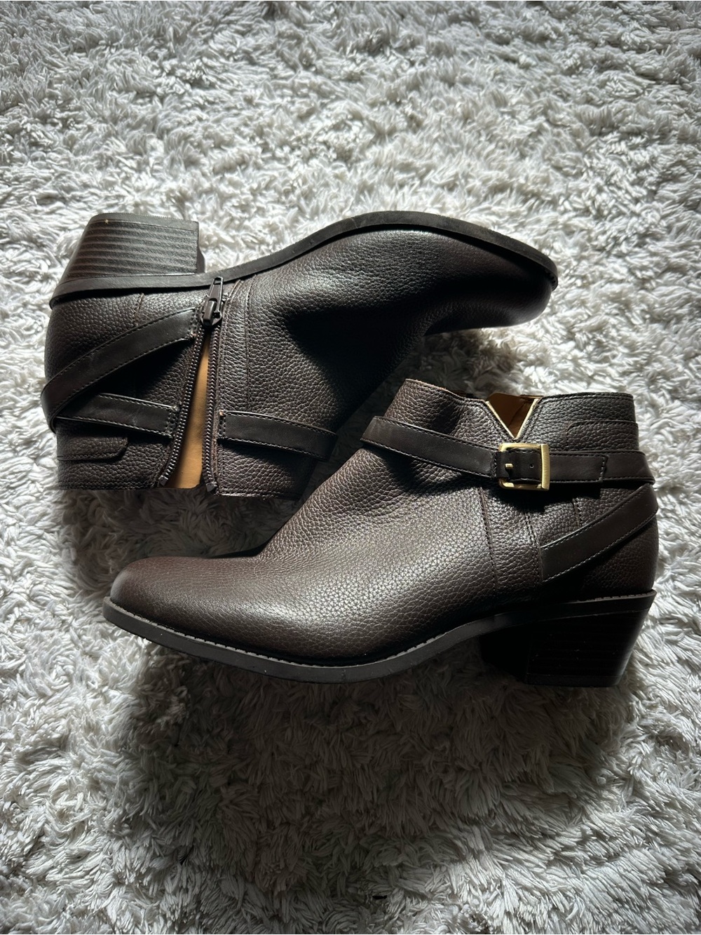 Vionic Brown Leather-Look Ankle Boots with Buckle Accent